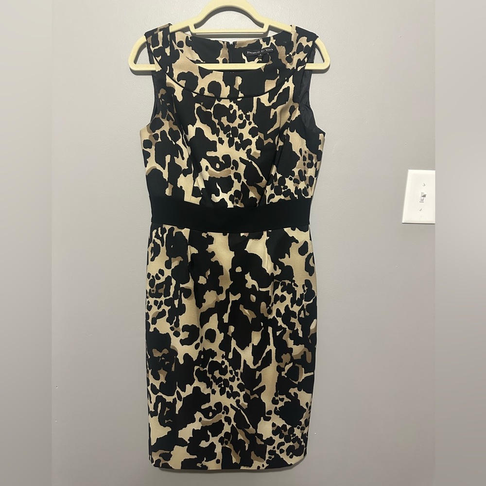 Preston & York Dress Sleeveless Animal Print Tan/Black Flattering Waist 8 EUC